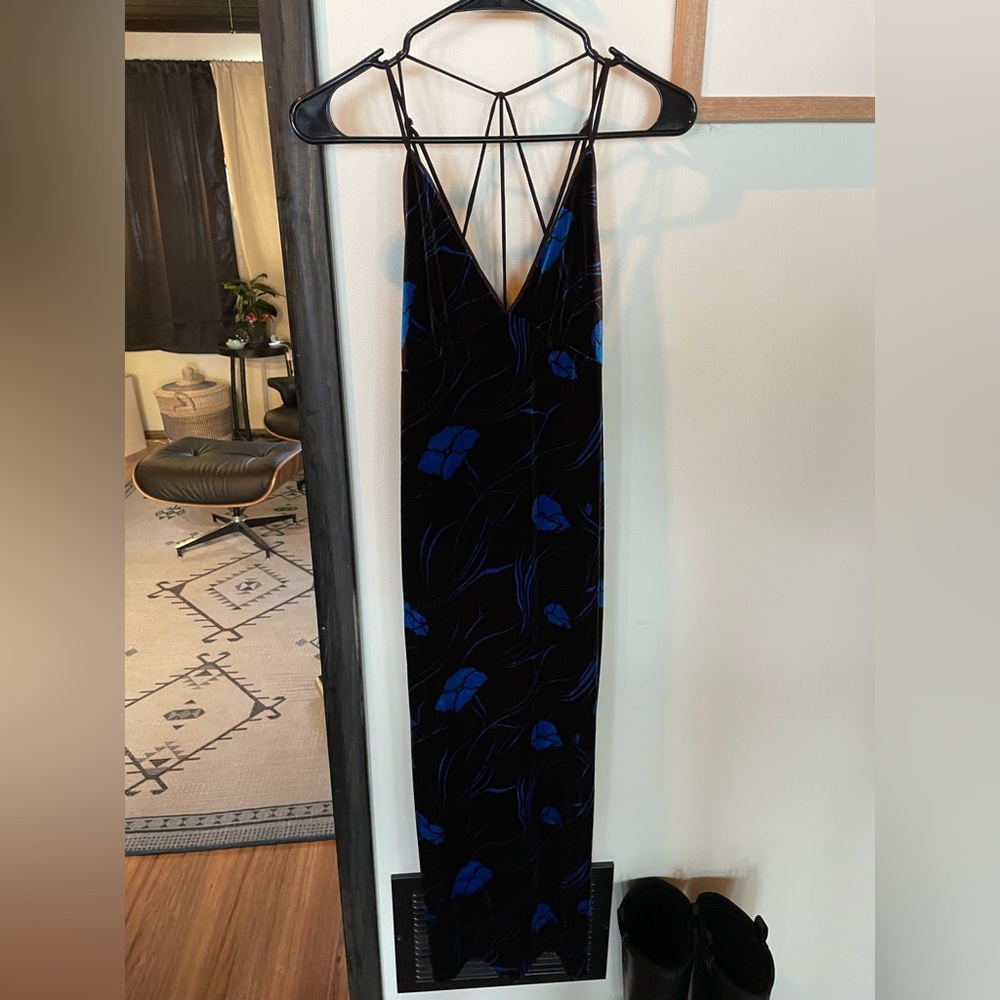 Velvet strappy backless floral midi dress